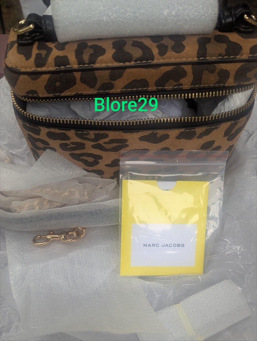 Marc Jacobs SUEDE Leopard Animal Print Vanity With Strap & Chain, dust bag.